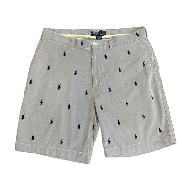 Polo Ralph Lauren Blue Pinstripe Embroidered Pony Flat Front Chino Shorts Sz 36 - Picture 2 of 13